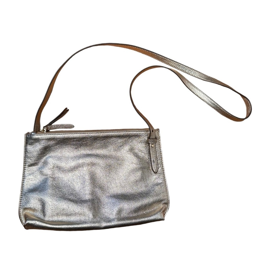 Banana Republic Gold Leather Double Top Zip Crossbody Shoulder Bag Clutch Purse